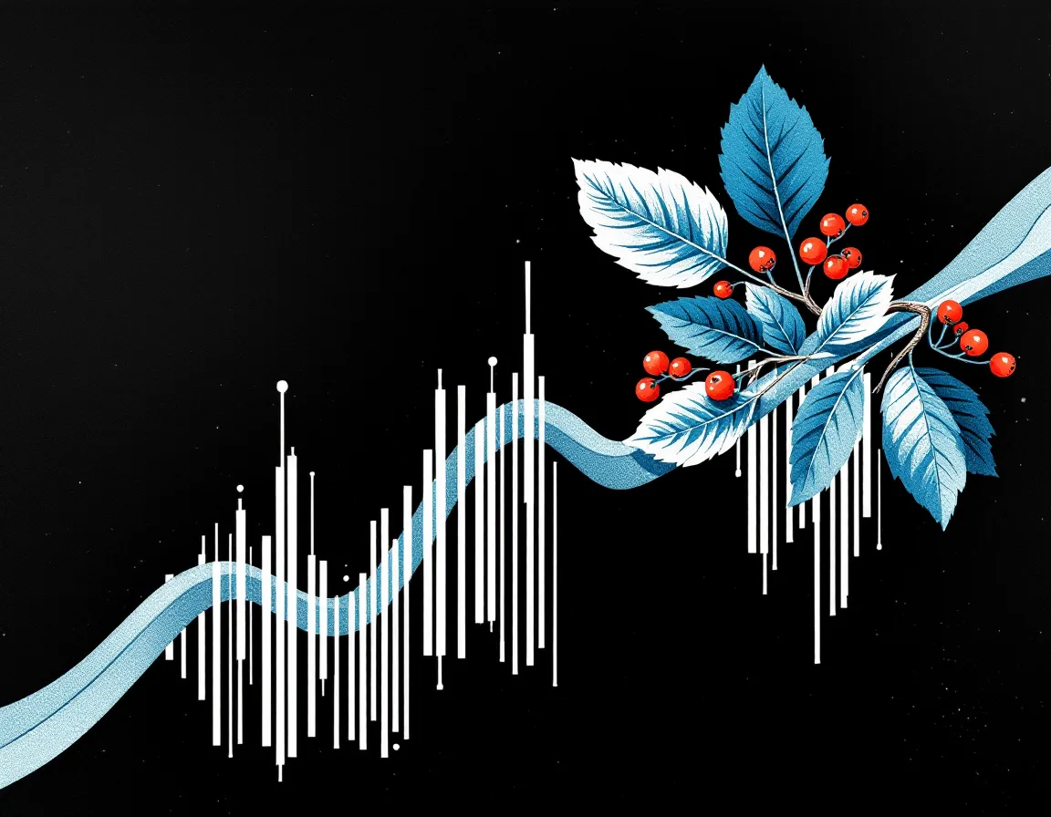 Riso-style illustration of a rowan branch that doubles as a rising organic-traffic graph